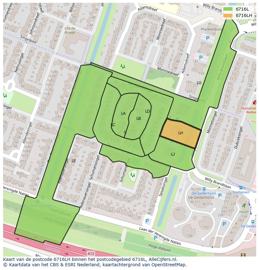 Afbeelding van het postcodegebied 6716 LH op de kaart.