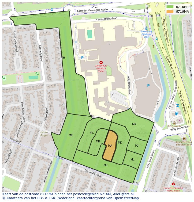 Afbeelding van het postcodegebied 6716 MA op de kaart.