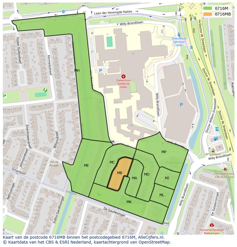 Afbeelding van het postcodegebied 6716 MB op de kaart.