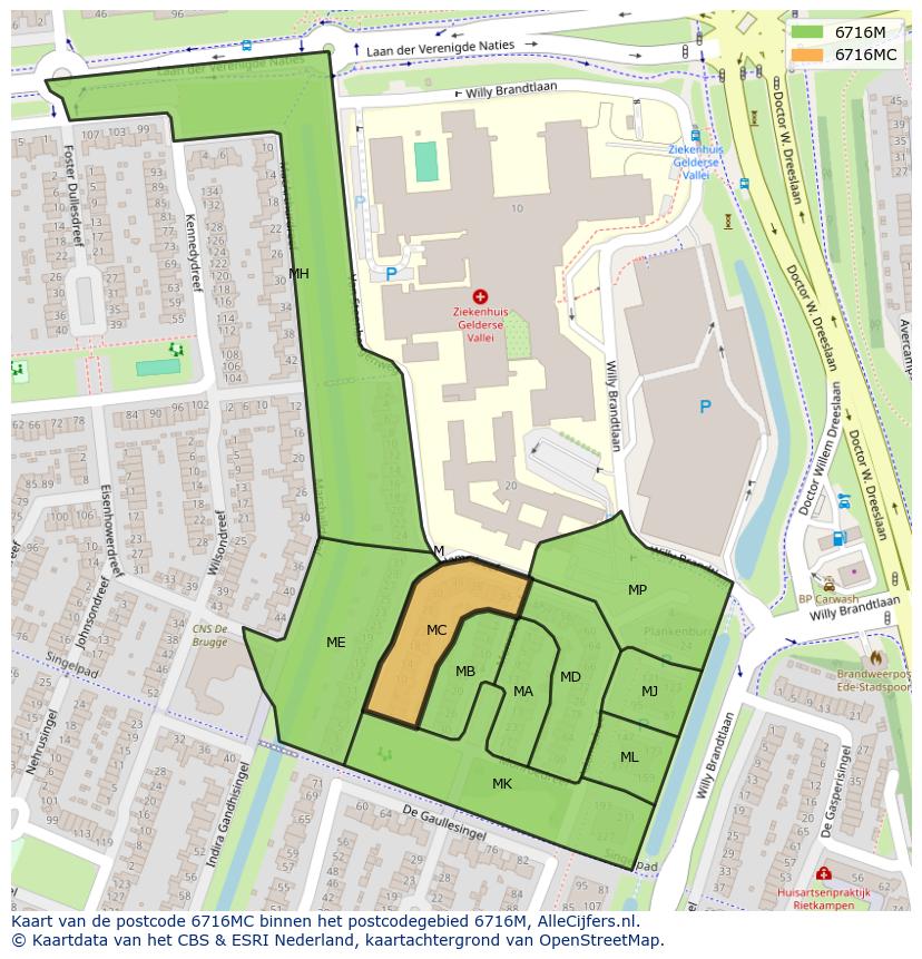 Afbeelding van het postcodegebied 6716 MC op de kaart.