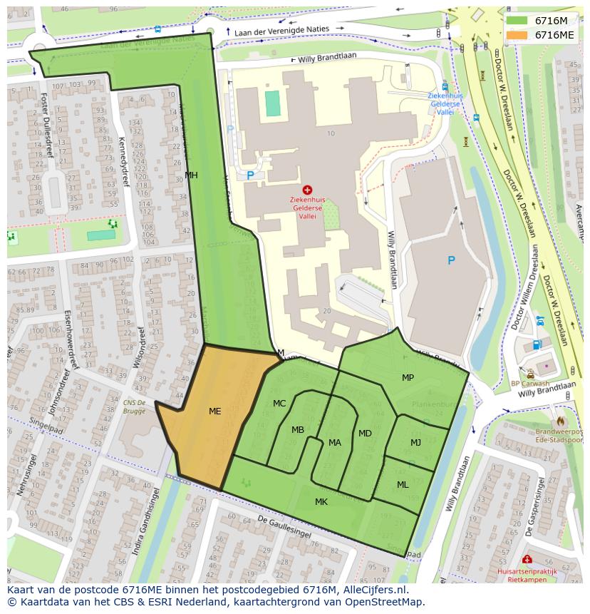 Afbeelding van het postcodegebied 6716 ME op de kaart.
