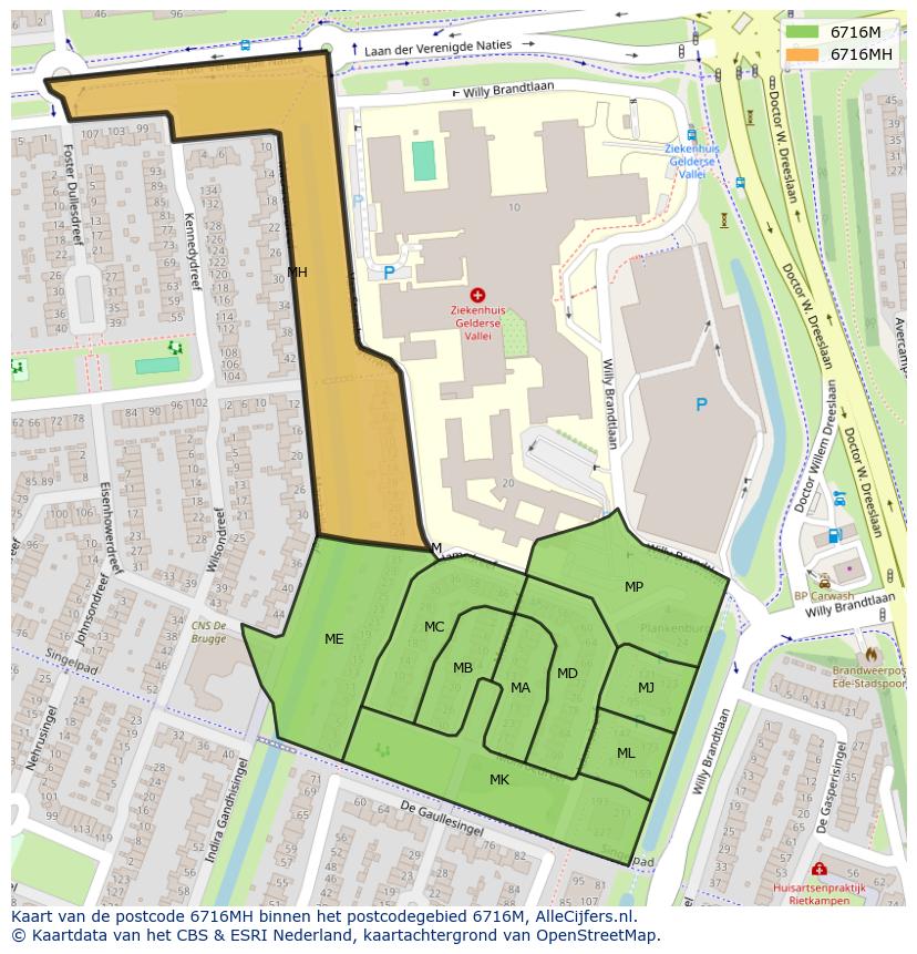 Afbeelding van het postcodegebied 6716 MH op de kaart.