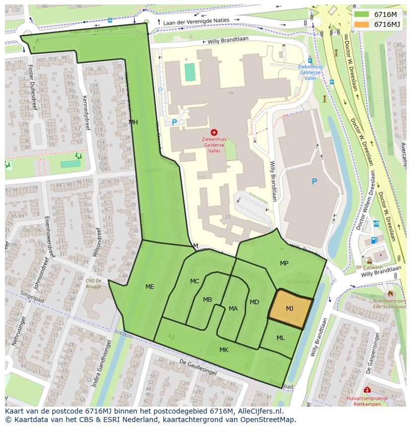 Afbeelding van het postcodegebied 6716 MJ op de kaart.