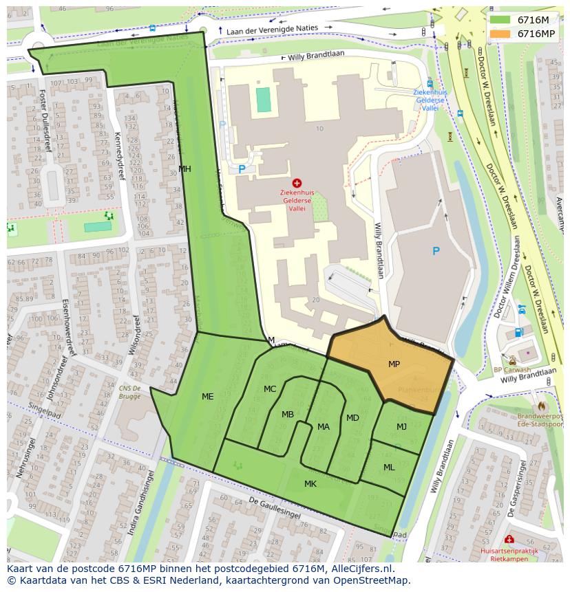Afbeelding van het postcodegebied 6716 MP op de kaart.