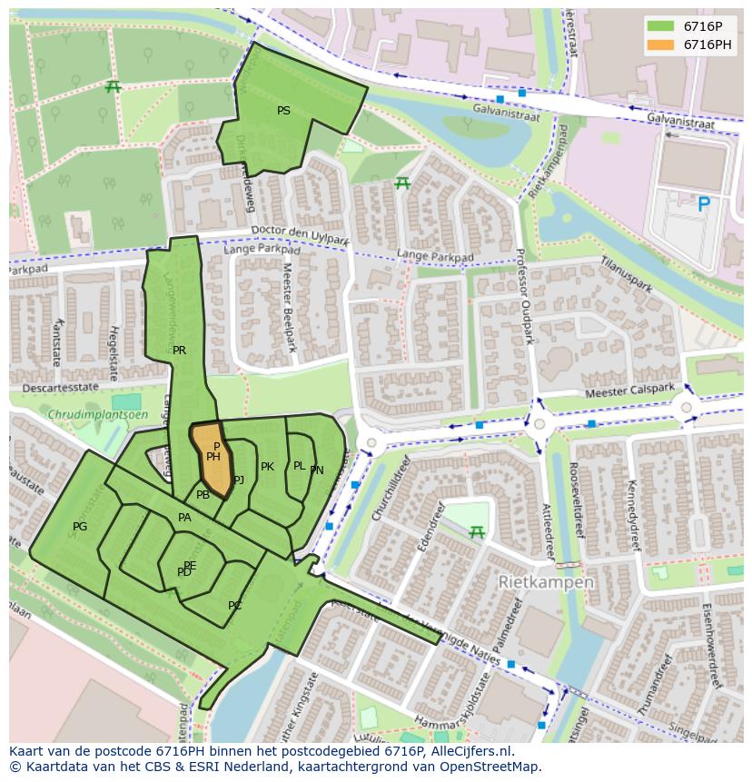 Afbeelding van het postcodegebied 6716 PH op de kaart.