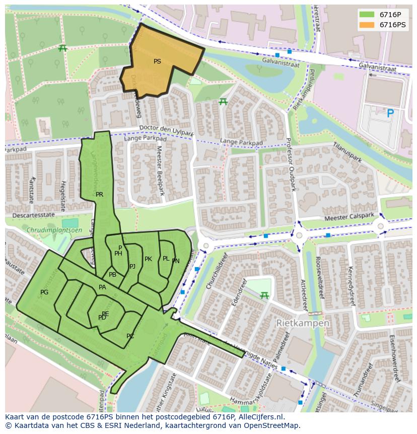 Afbeelding van het postcodegebied 6716 PS op de kaart.