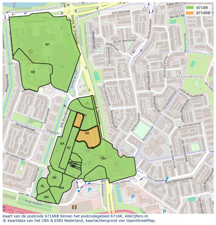 Afbeelding van het postcodegebied 6716 RB op de kaart.