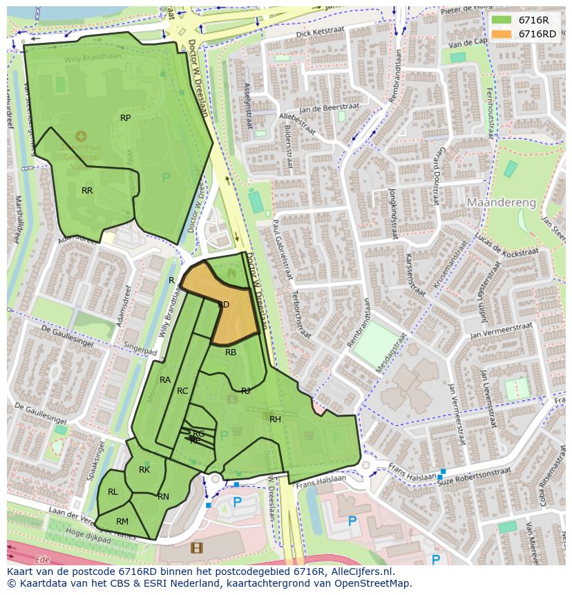 Afbeelding van het postcodegebied 6716 RD op de kaart.