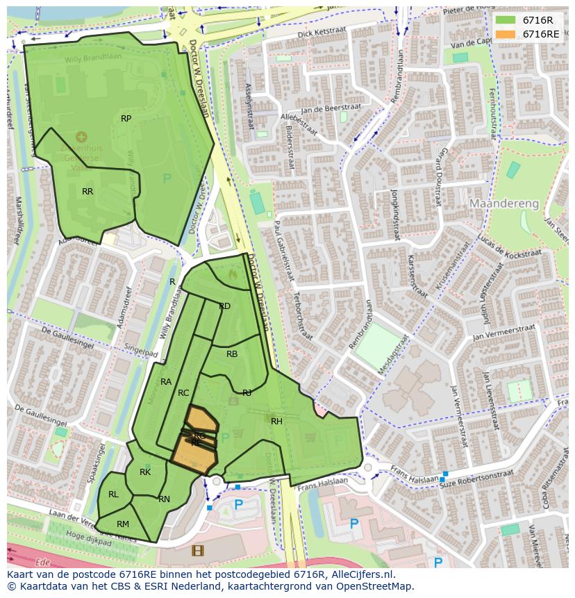 Afbeelding van het postcodegebied 6716 RE op de kaart.
