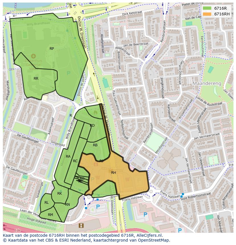 Afbeelding van het postcodegebied 6716 RH op de kaart.