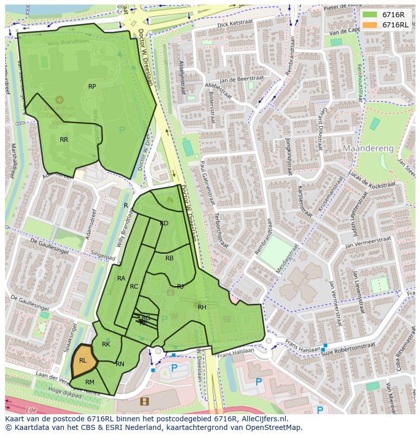 Afbeelding van het postcodegebied 6716 RL op de kaart.