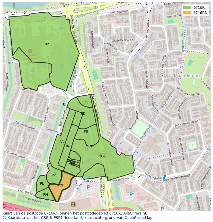 Afbeelding van het postcodegebied 6716 RN op de kaart.