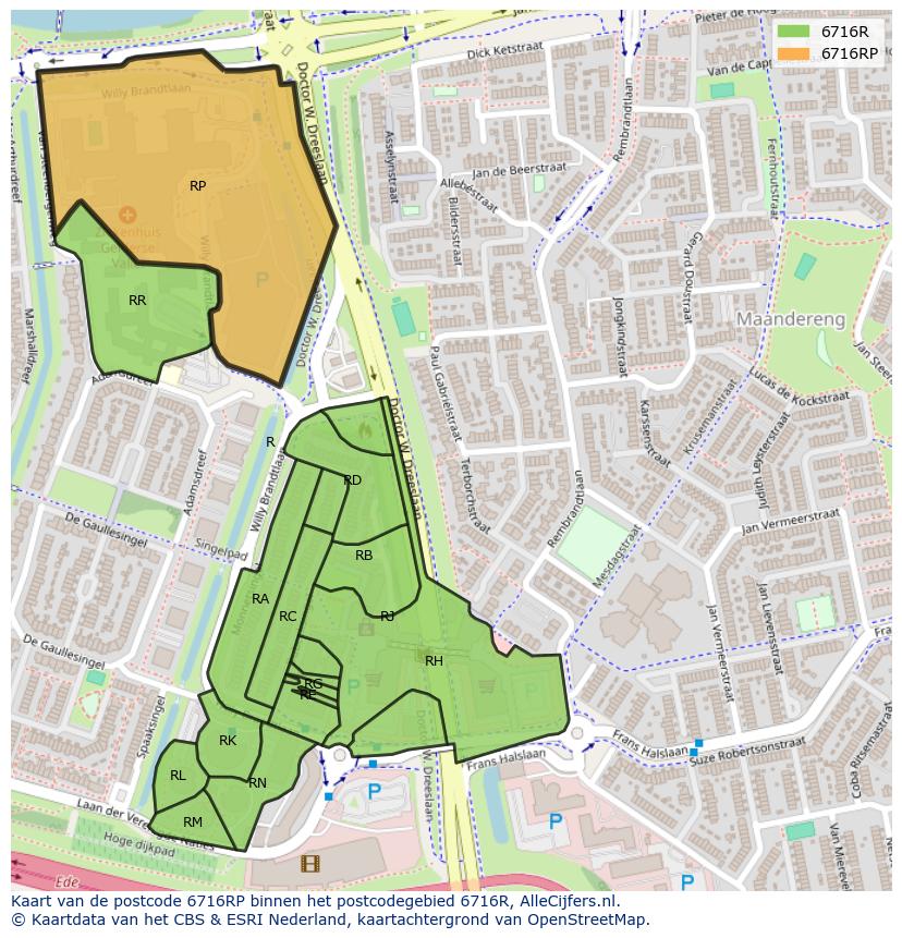 Afbeelding van het postcodegebied 6716 RP op de kaart.
