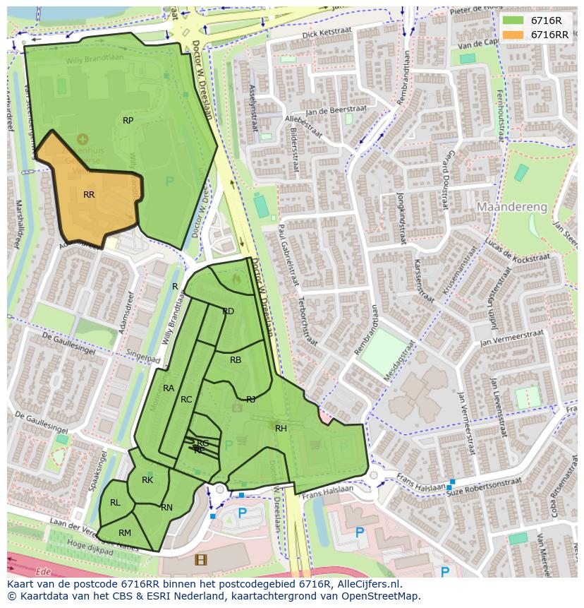 Afbeelding van het postcodegebied 6716 RR op de kaart.