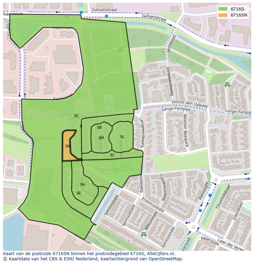 Afbeelding van het postcodegebied 6716 SN op de kaart.