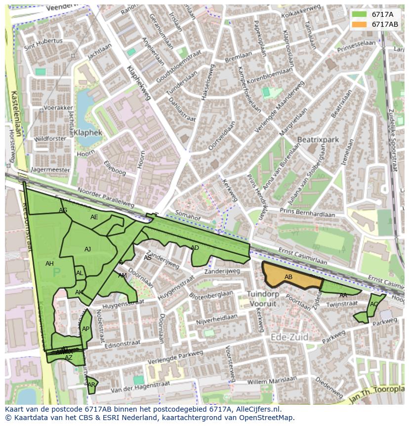 Afbeelding van het postcodegebied 6717 AB op de kaart.