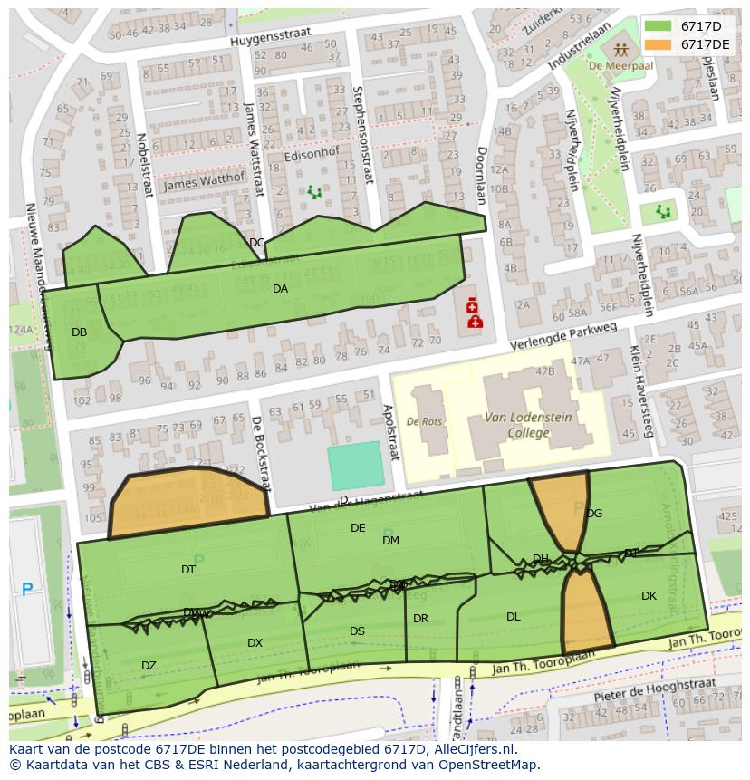 Afbeelding van het postcodegebied 6717 DE op de kaart.