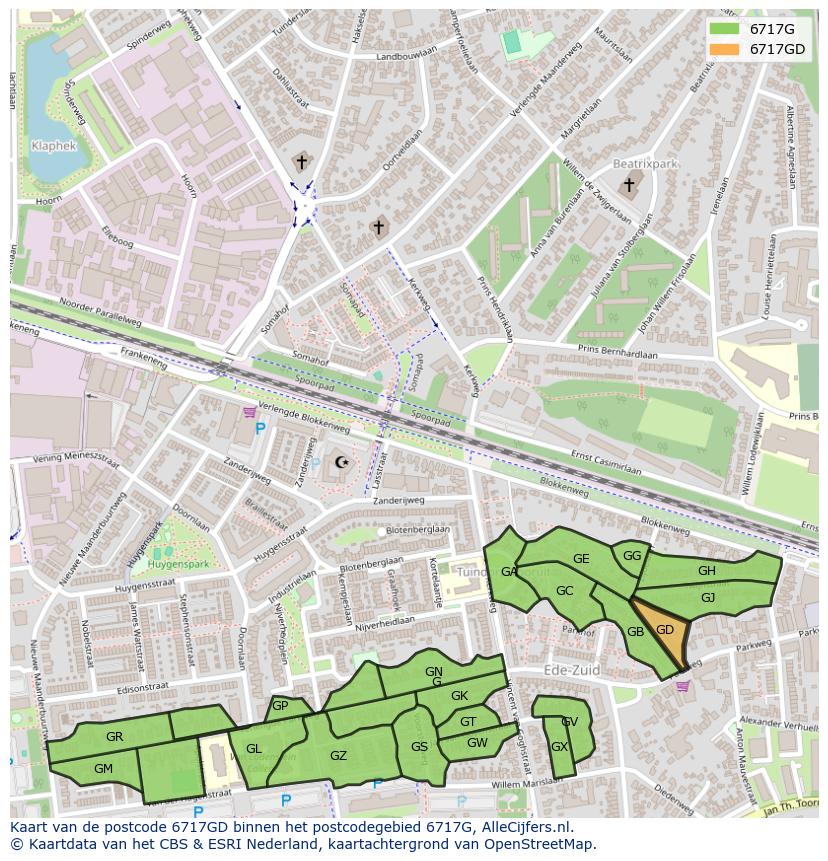Afbeelding van het postcodegebied 6717 GD op de kaart.