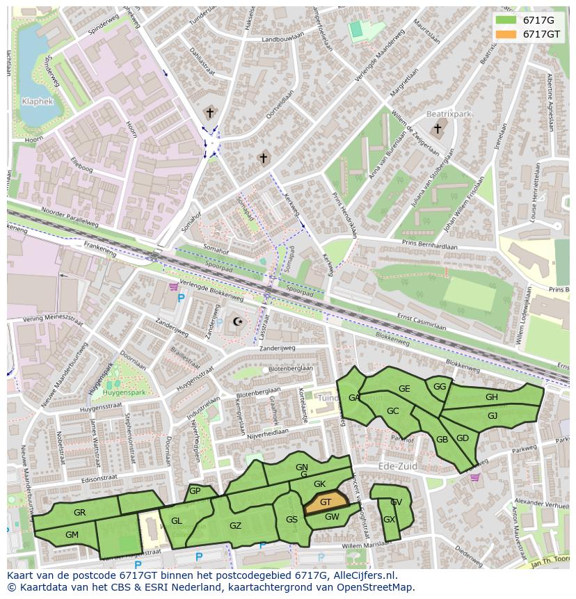 Afbeelding van het postcodegebied 6717 GT op de kaart.
