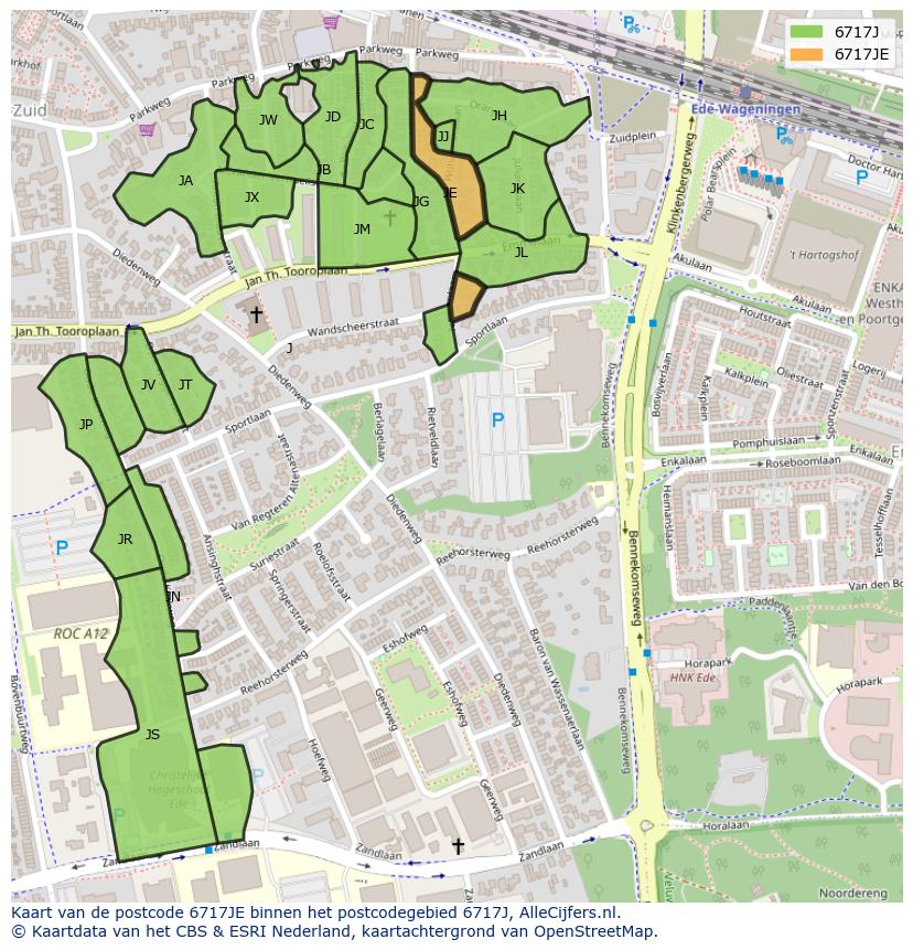 Afbeelding van het postcodegebied 6717 JE op de kaart.