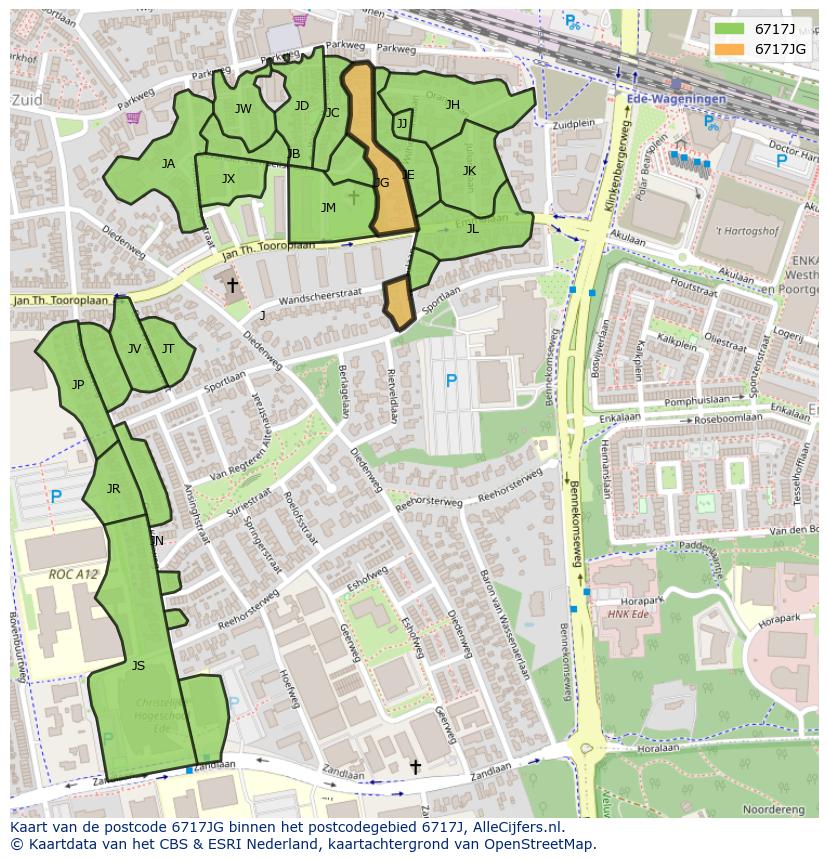 Afbeelding van het postcodegebied 6717 JG op de kaart.