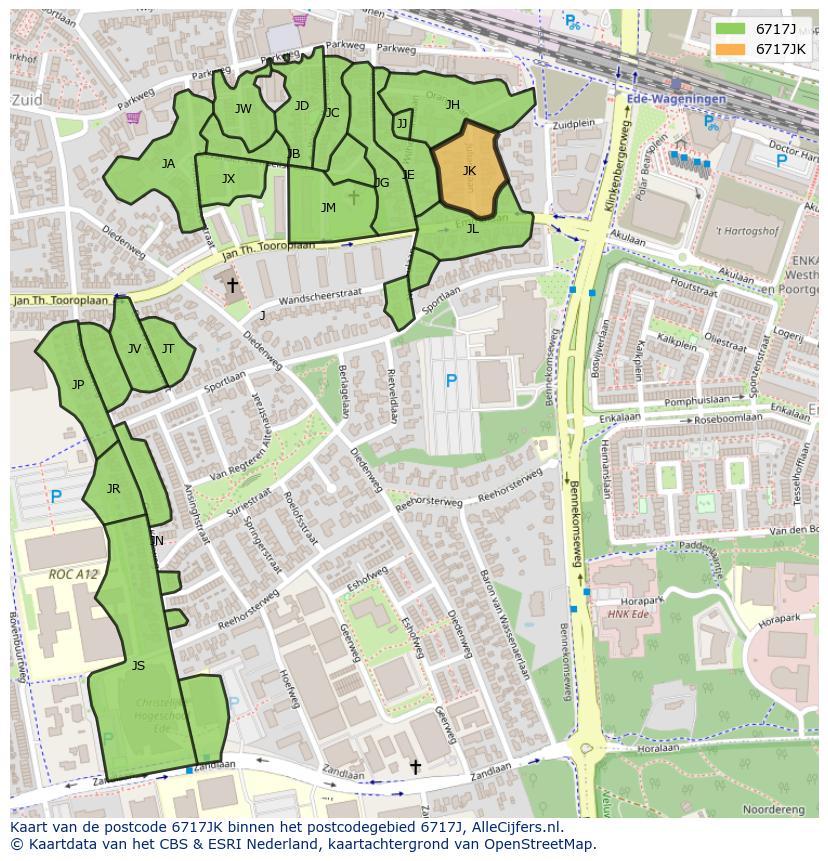 Afbeelding van het postcodegebied 6717 JK op de kaart.