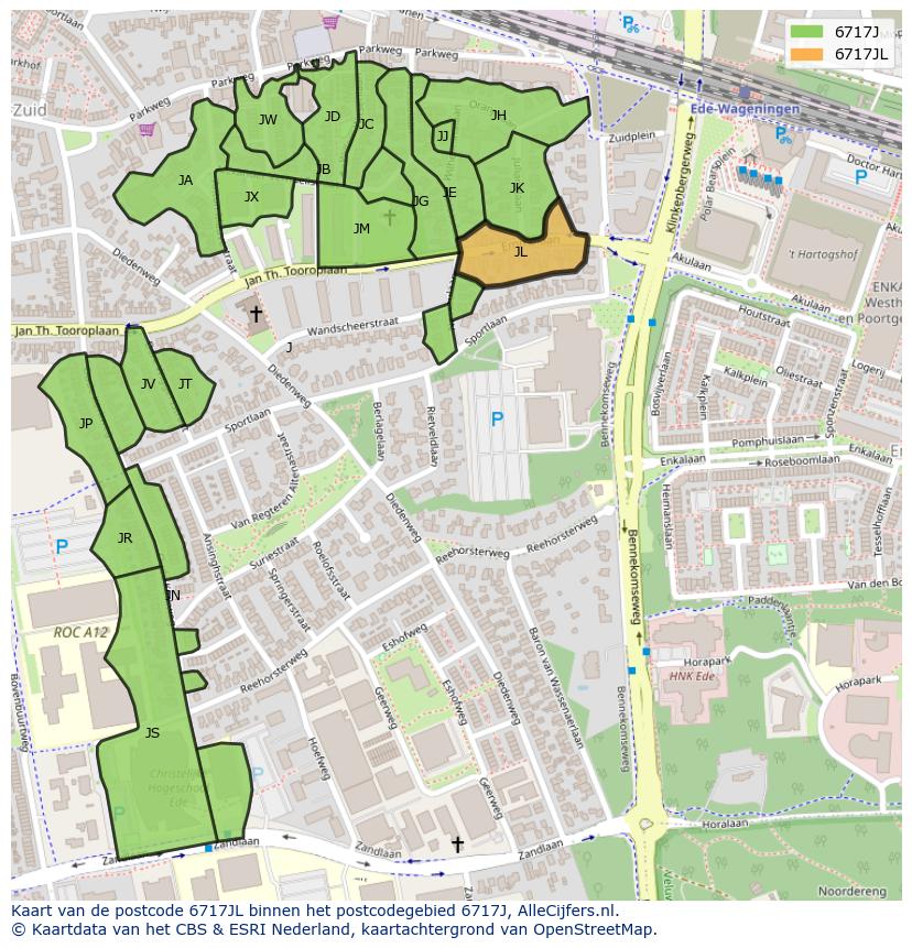 Afbeelding van het postcodegebied 6717 JL op de kaart.