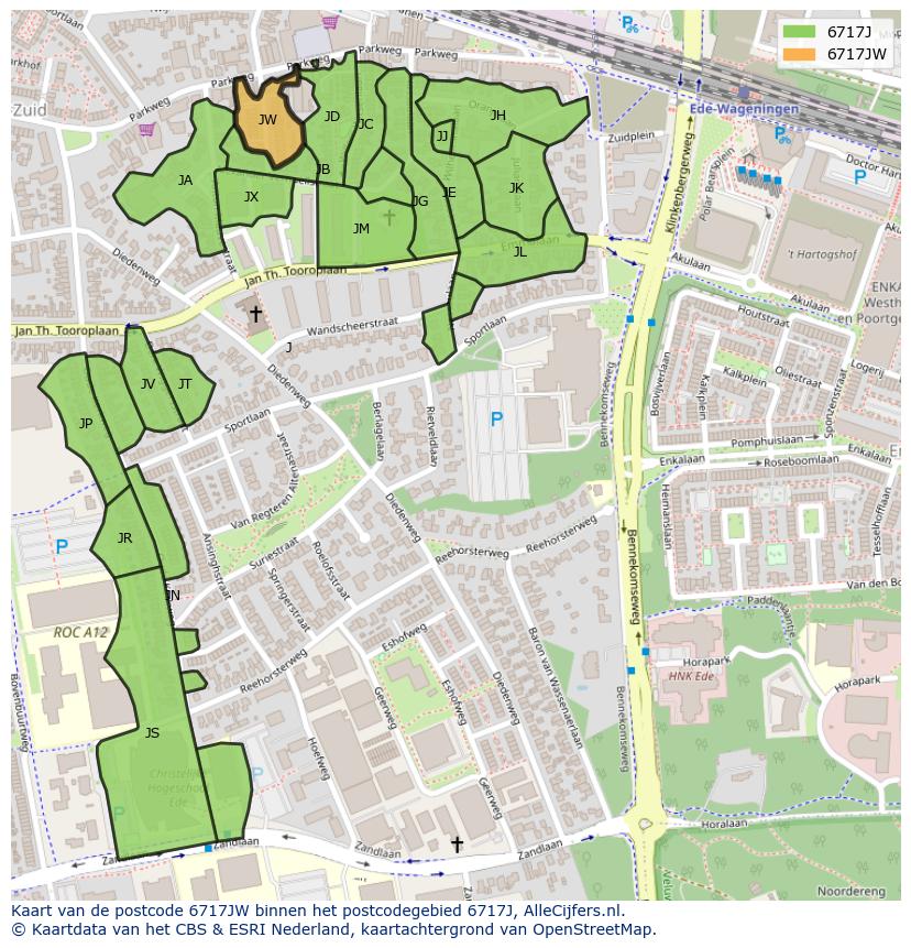 Afbeelding van het postcodegebied 6717 JW op de kaart.