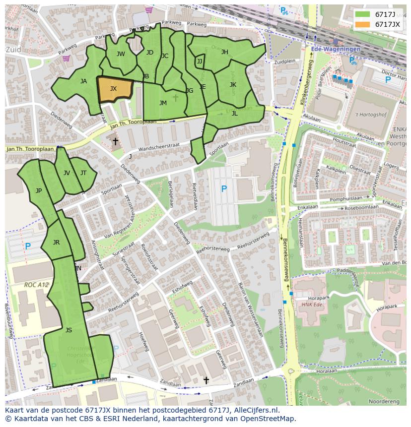 Afbeelding van het postcodegebied 6717 JX op de kaart.