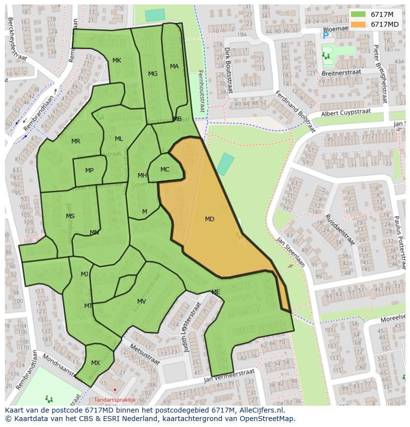 Afbeelding van het postcodegebied 6717 MD op de kaart.