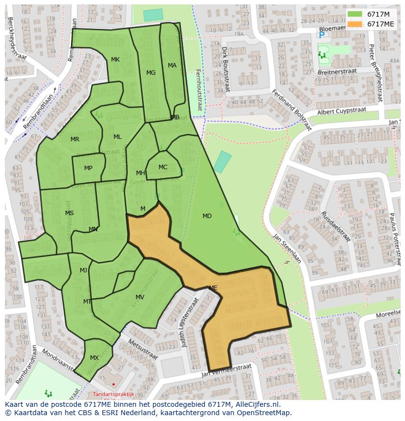 Afbeelding van het postcodegebied 6717 ME op de kaart.