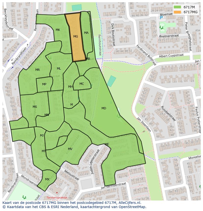 Afbeelding van het postcodegebied 6717 MG op de kaart.