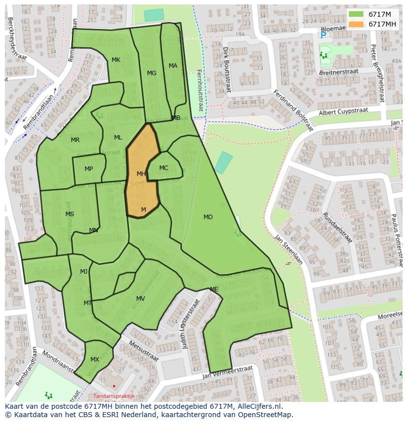 Afbeelding van het postcodegebied 6717 MH op de kaart.