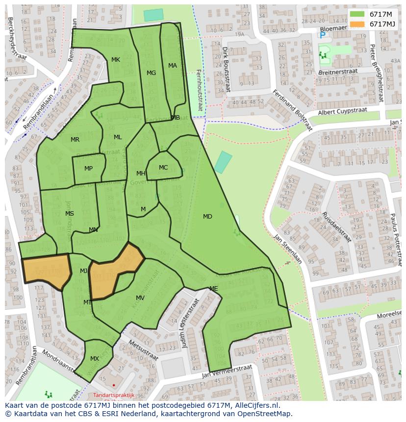 Afbeelding van het postcodegebied 6717 MJ op de kaart.