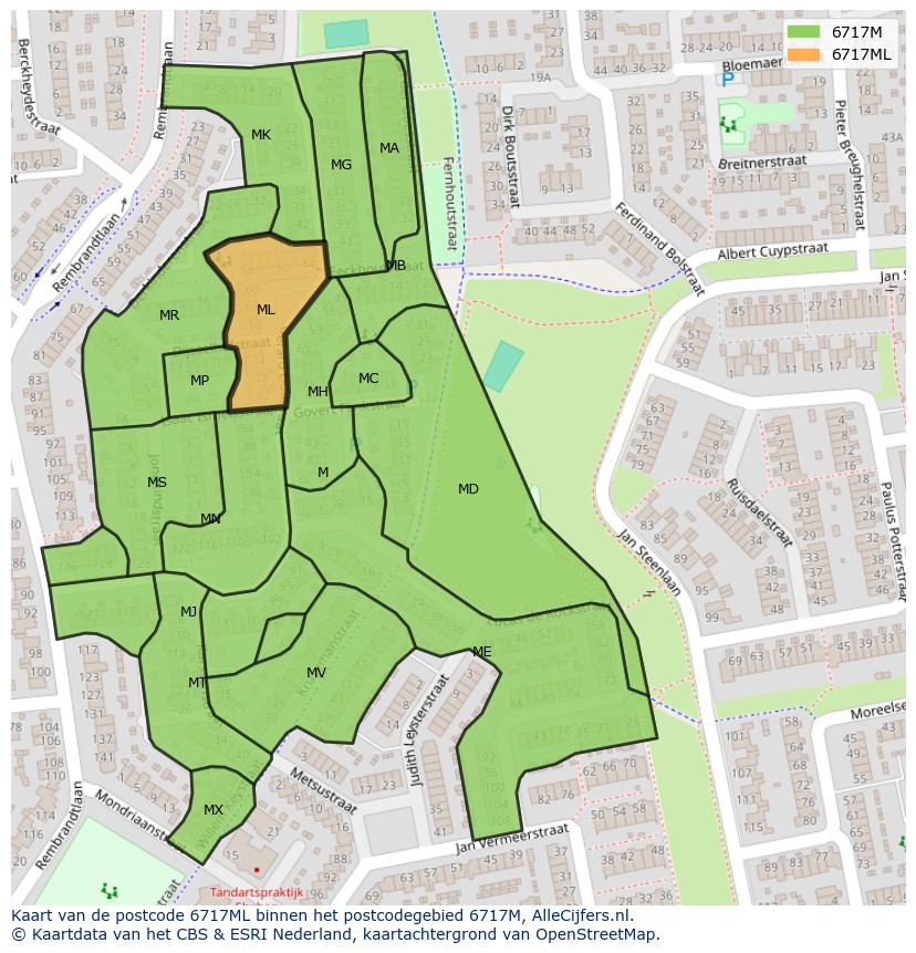 Afbeelding van het postcodegebied 6717 ML op de kaart.