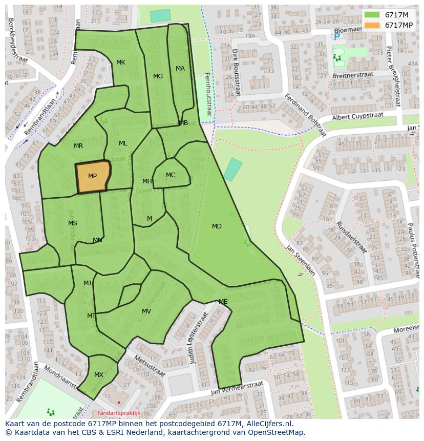 Afbeelding van het postcodegebied 6717 MP op de kaart.