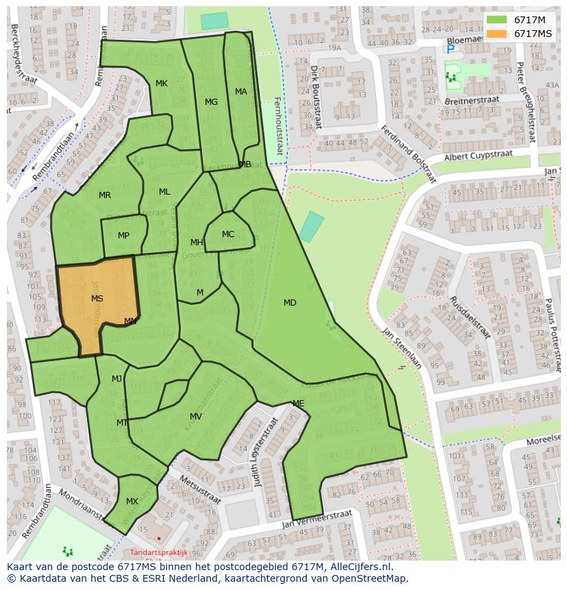 Afbeelding van het postcodegebied 6717 MS op de kaart.