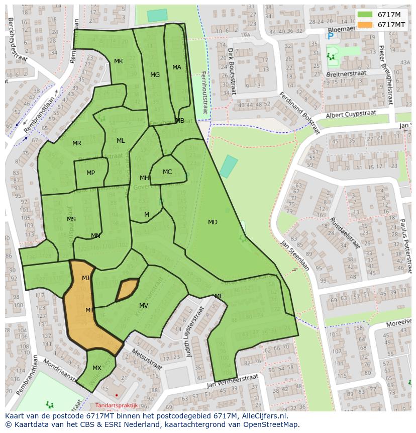 Afbeelding van het postcodegebied 6717 MT op de kaart.