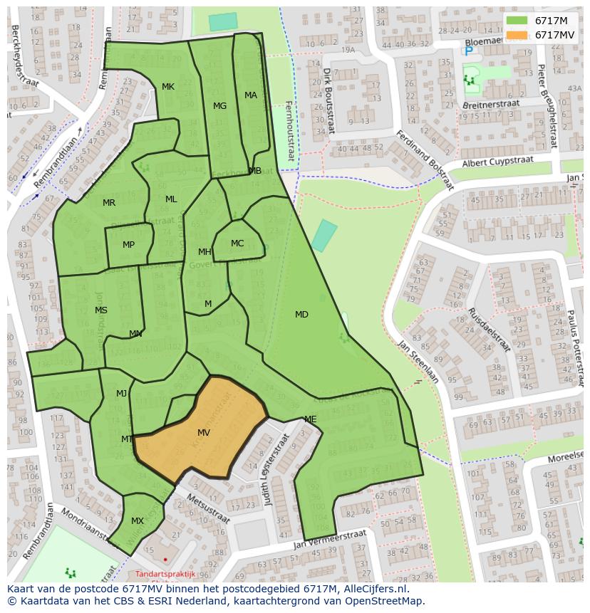 Afbeelding van het postcodegebied 6717 MV op de kaart.