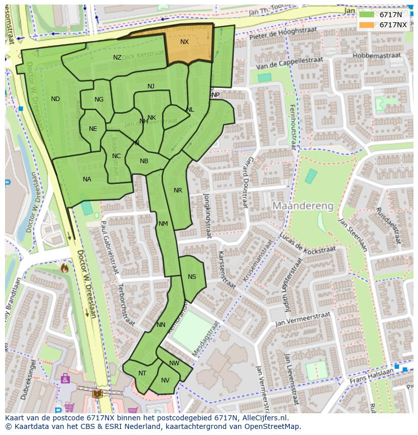 Afbeelding van het postcodegebied 6717 NX op de kaart.