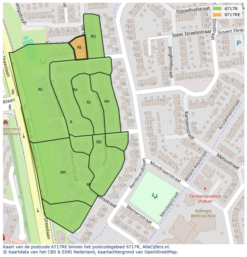 Afbeelding van het postcodegebied 6717 RE op de kaart.