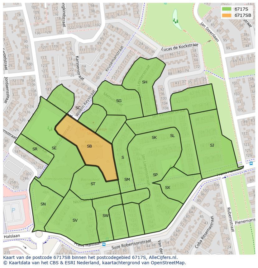 Afbeelding van het postcodegebied 6717 SB op de kaart.