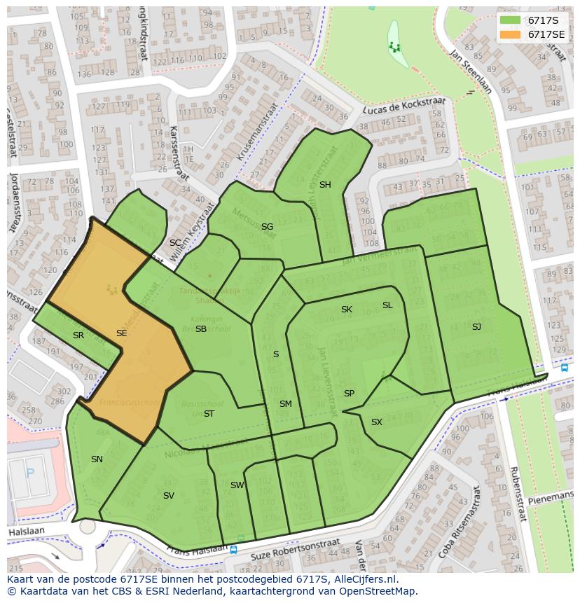 Afbeelding van het postcodegebied 6717 SE op de kaart.