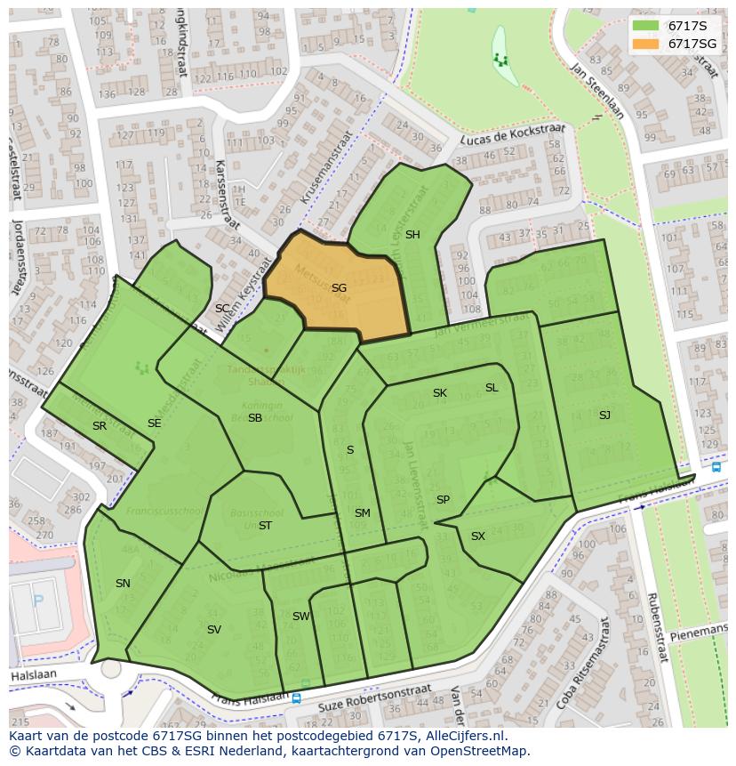 Afbeelding van het postcodegebied 6717 SG op de kaart.