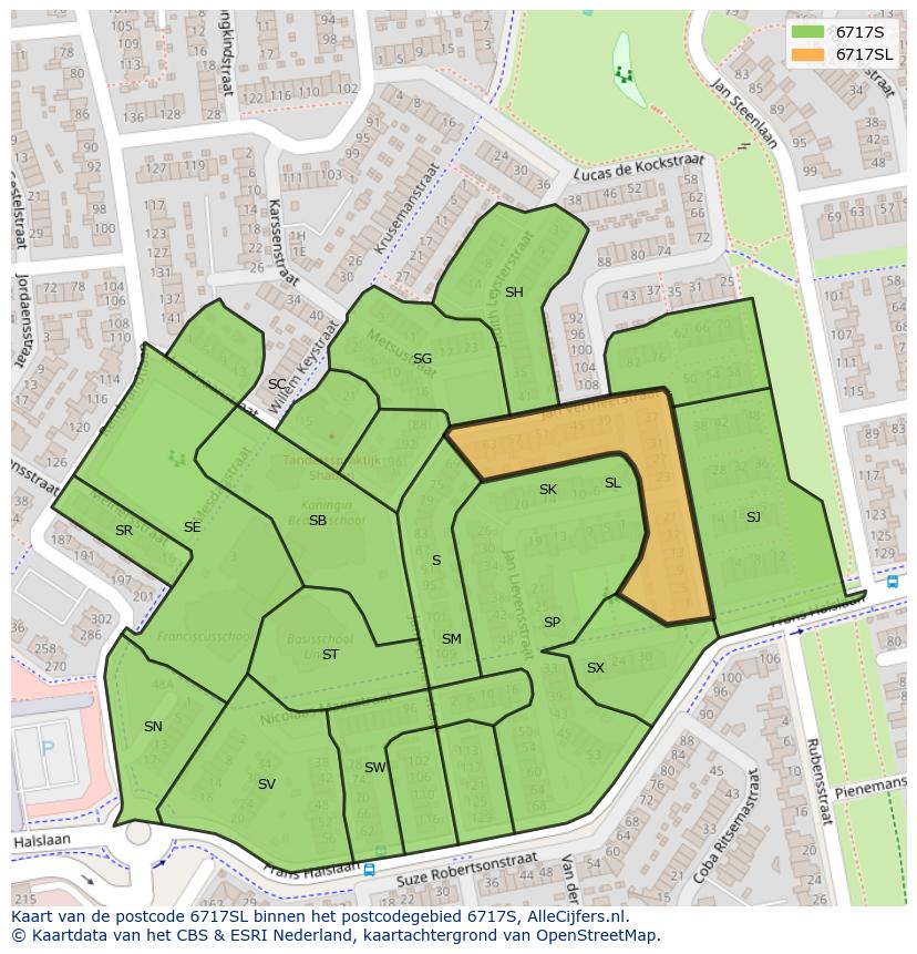 Afbeelding van het postcodegebied 6717 SL op de kaart.