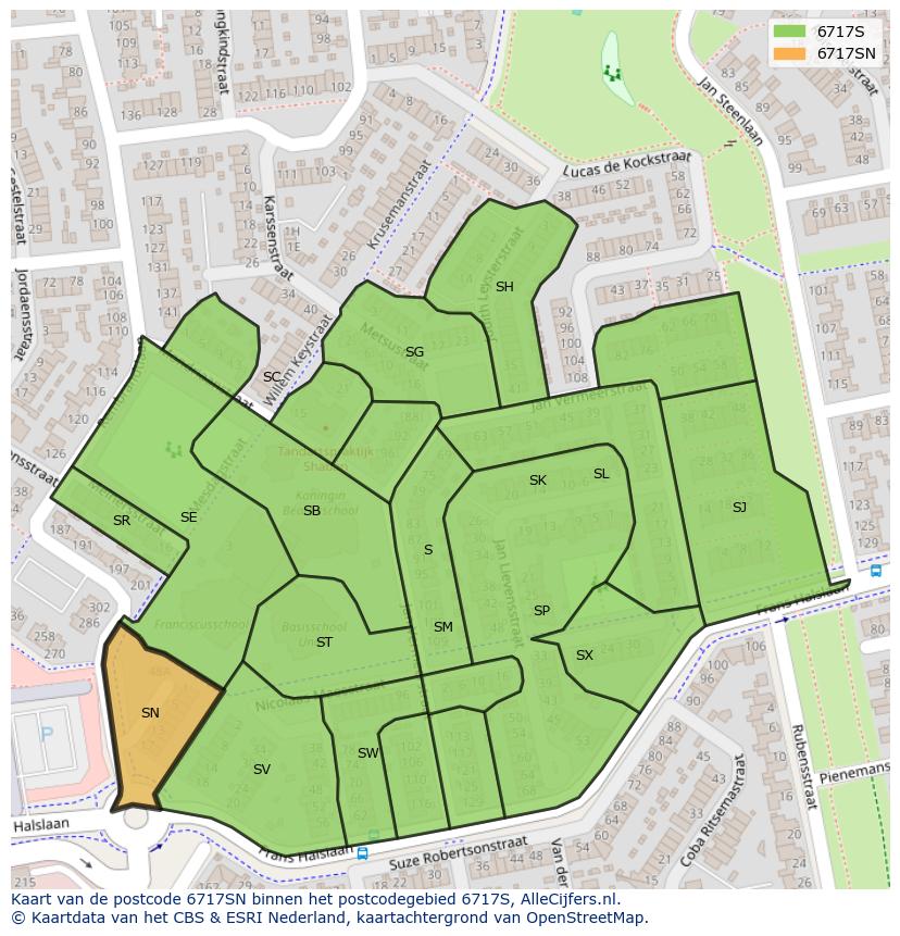 Afbeelding van het postcodegebied 6717 SN op de kaart.