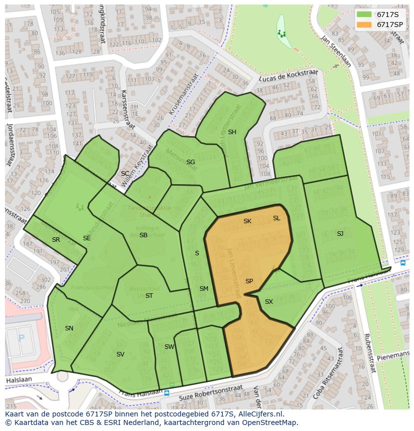 Afbeelding van het postcodegebied 6717 SP op de kaart.