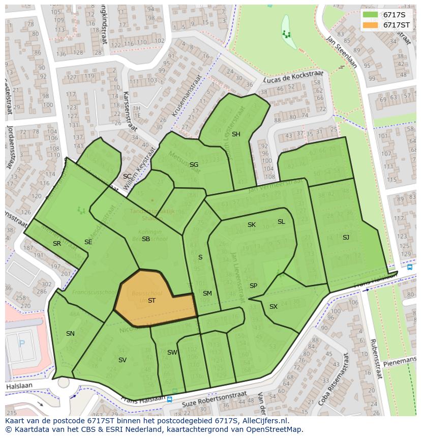 Afbeelding van het postcodegebied 6717 ST op de kaart.