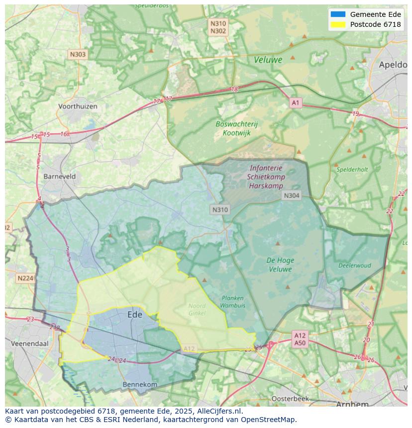 Afbeelding van het postcodegebied 6718 op de kaart.