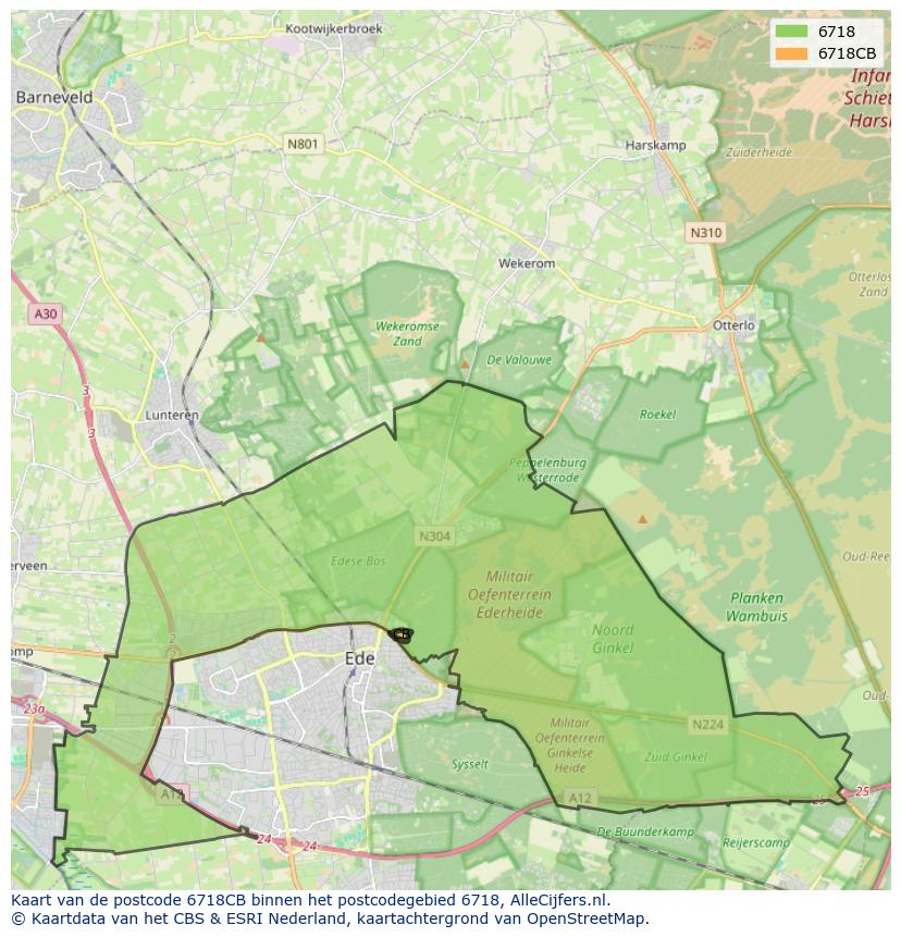 Afbeelding van het postcodegebied 6718 CB op de kaart.